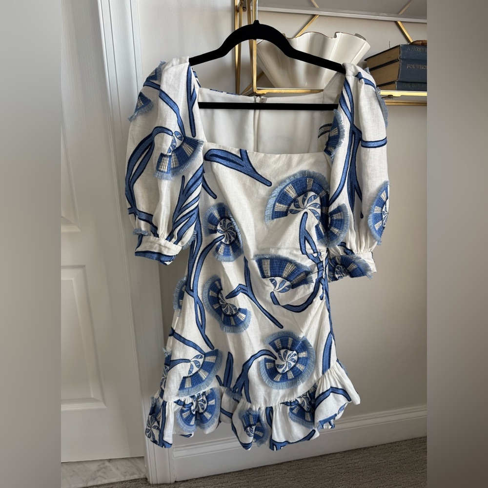 Alexis San Paolo Embroidered Blue and White Linen Toile Dress - Picture 9 of 10